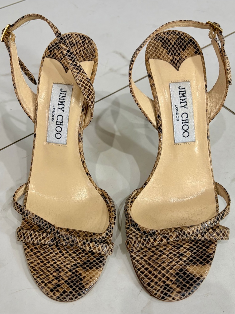 Jimmy Choo Tan Snakeskin Stiletto Slingback Heels 38.5 - Picture 2 of 6
